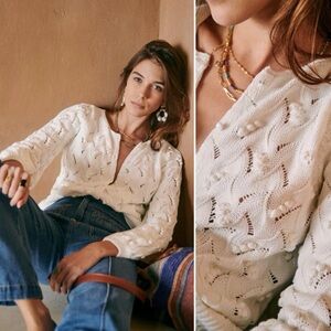 SEZANE Size L Marthe Cardigan Button Up White Ecru Sweater Bobble Textured Knit